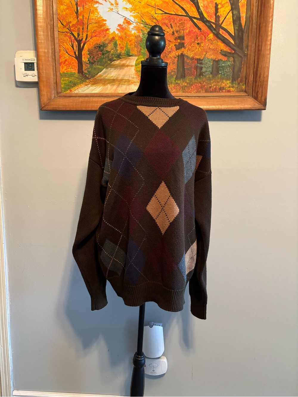 Woods & Gray Men's Brown Cotton Blend Argyle Crewneck Sweater Sz M